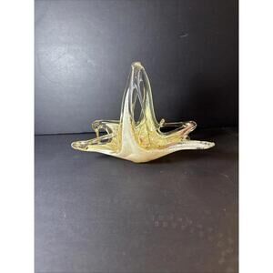 Heavy Vintage Murano Clear Over Cream With Pink Art Glass Basket 8” X 6”